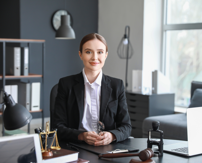 Female lawyer sitting at workplace in office