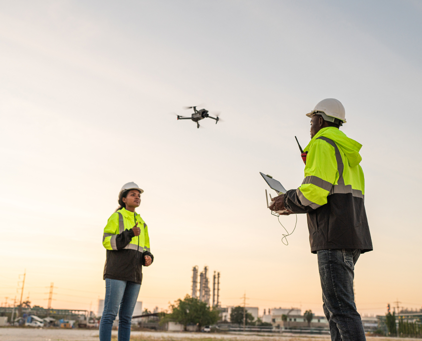 Team of Engineer Specialists Pilot Drone on Construction Site. A